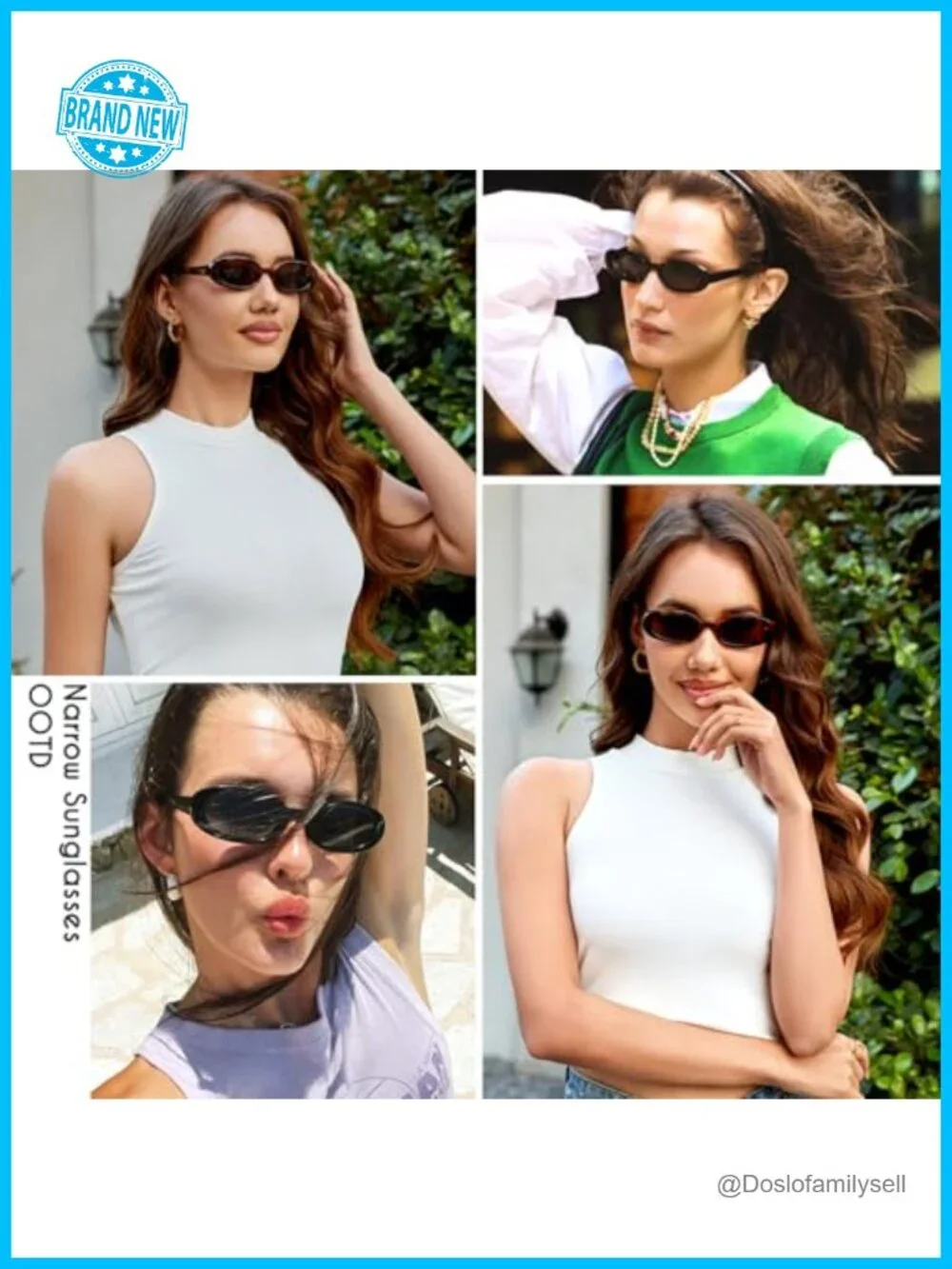 Retro Narrow Oval Small Frame Sunglasses with Metal Temple Decoration